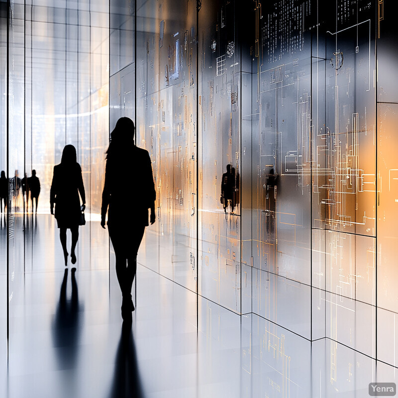 Futuristic-looking hallway with large glass walls and a high ceiling.