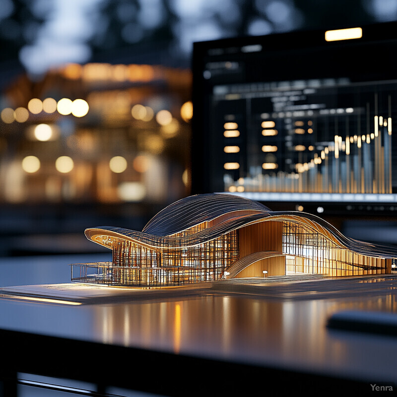 A 3D model of a building is presented on a flat surface, illuminated from within.