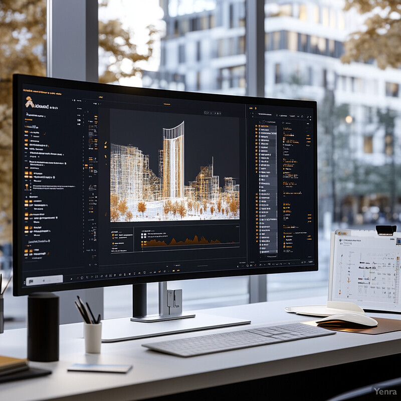 A computer monitor displaying a 3D architectural model in an office or workspace setting.