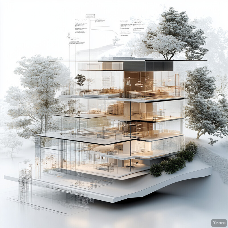 A modern building with a transparent facade and sleek design, set against an outdoor backdrop with trees.