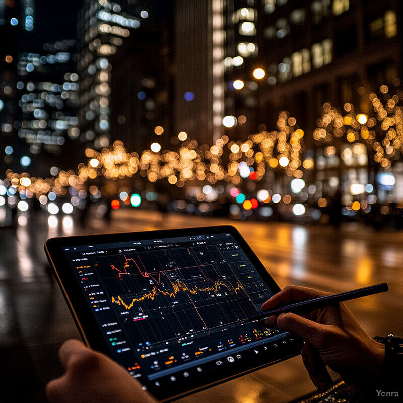 A person is using a tablet with a stylus to create or work on something in an urban setting.