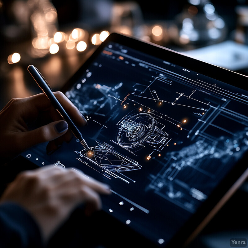 A person is designing or modeling on an electronic device with a stylus pen in a dimly lit room.