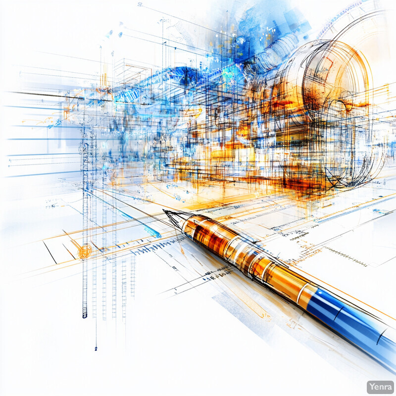 A detailed sketch of an engine on a white background with a fountain pen lying on top.