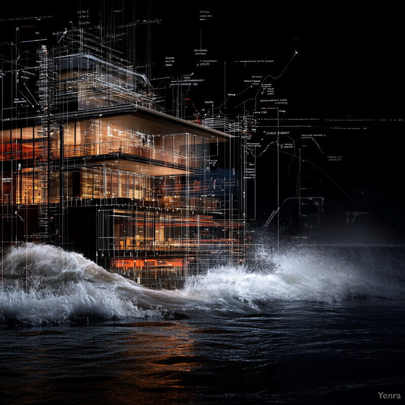 A futuristic building situated on the edge of a turbulent sea, designed to withstand extreme weather conditions.