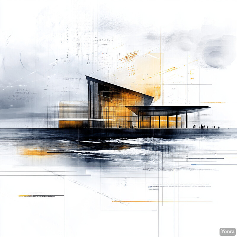 Abstract architectural design featuring a modern building on the coast.