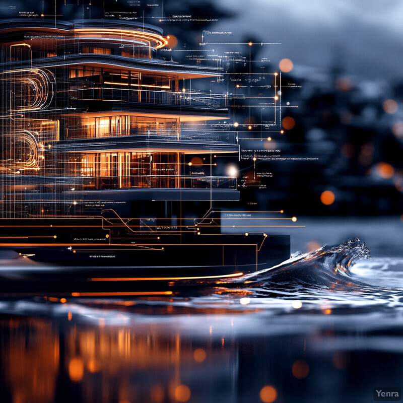 A futuristic high-tech building with multiple levels and balconies, set against a dark blue background, with a wave crashing against the shore in the foreground.