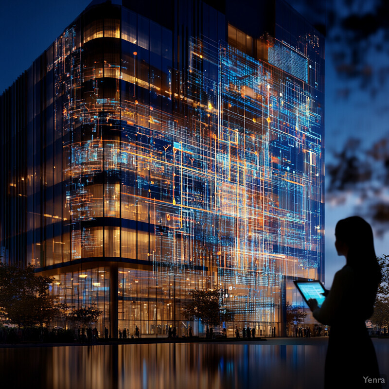 A large building with a glass facade and an illuminated design of orange and blue lines, possibly a hub for tech startups or scientific research.