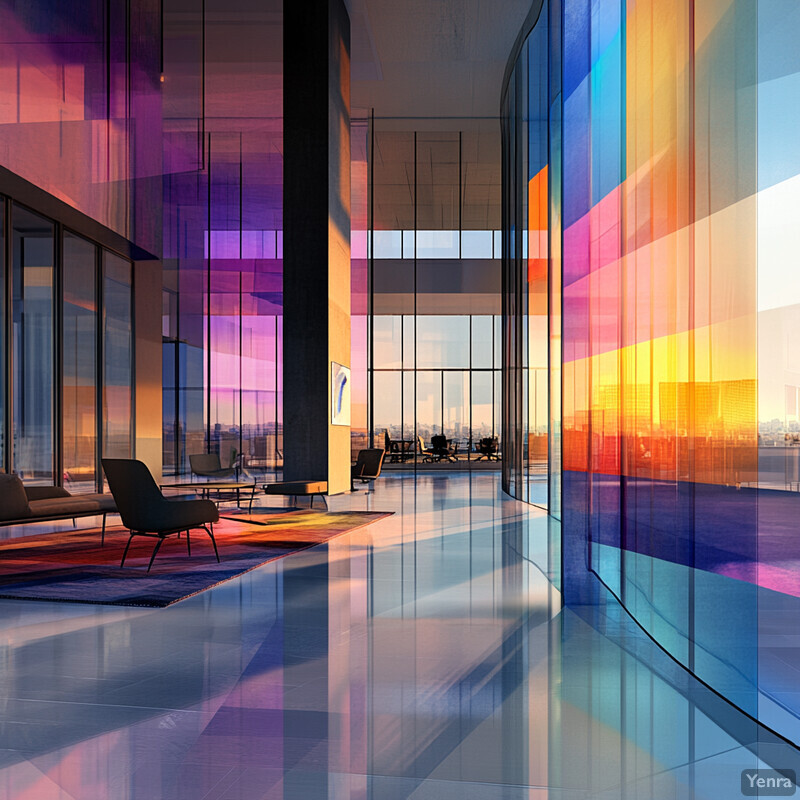 An office lobby with a striking glass wall featuring a large rectangular window and smaller windows on either side, accompanied by a seating area with two black chairs on a red rug.