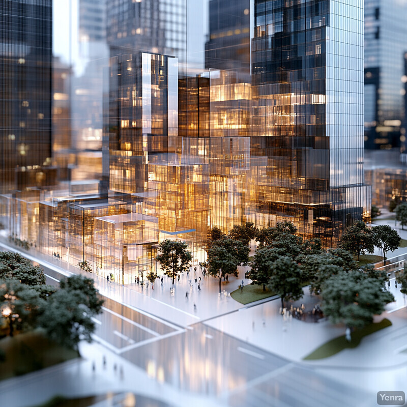 A detailed model of a city block featuring glass facades, golden lights, and trees.