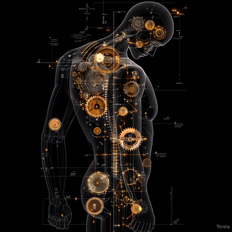 A detailed illustration of a human body with mechanical components integrated into its structure.