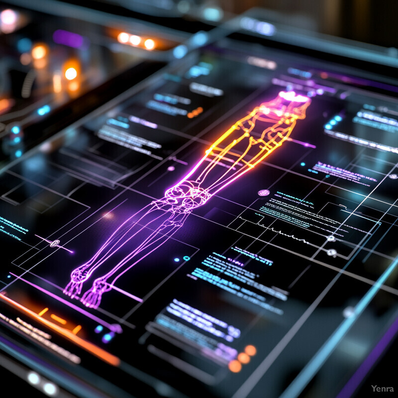 An interactive screen displaying a detailed diagram of the human leg, with various parts highlighted in different colors.