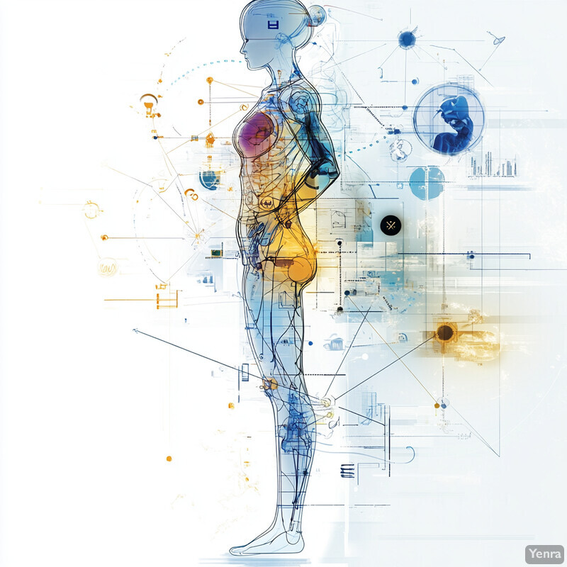 Abstract representation of human anatomy and technology integration.