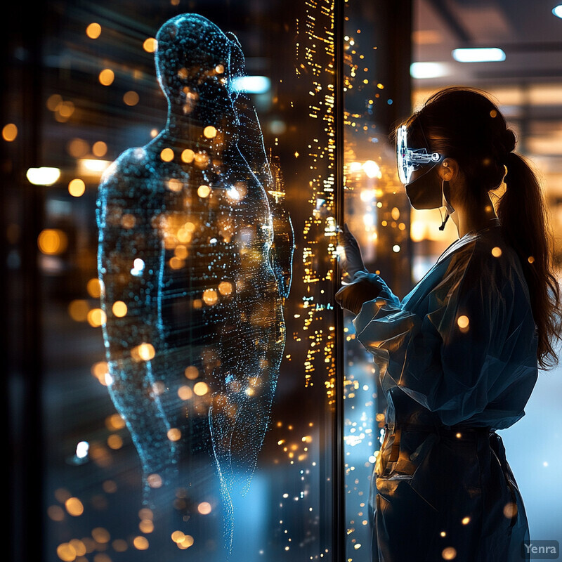 A woman in a lab coat interacts with a hologram of a human body.