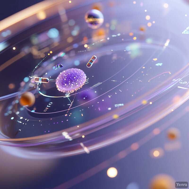 A futuristic representation of drug response modeling, featuring a central purple sphere and surrounding molecules.