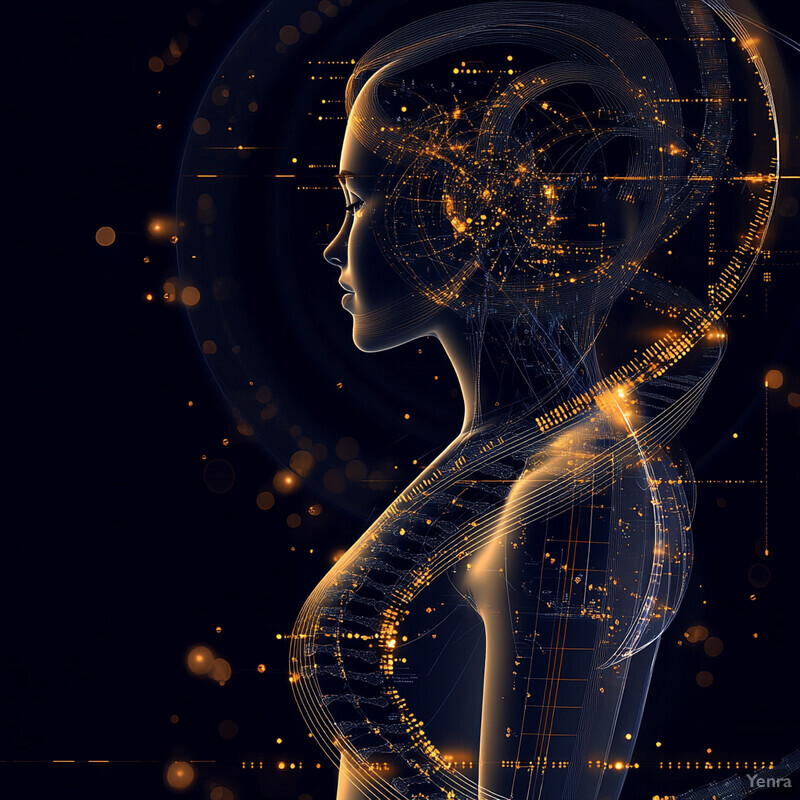 An abstract representation of a woman's profile with intricate circuitry patterns and glowing gold accents.