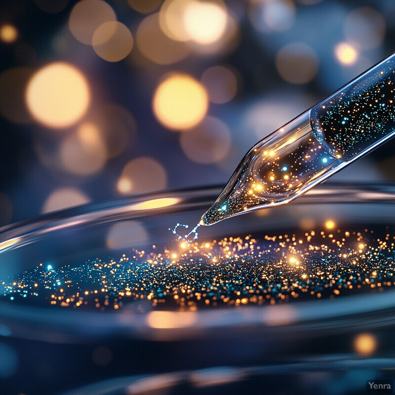 A close-up view of a glass pipette tip containing a clear liquid with a constellation pattern visible in the background.