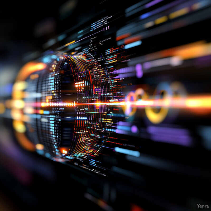 A futuristic and high-tech representation of data analysis, featuring a large circle with small squares and lines, curved lines reminiscent of a waveform or sound wave pattern, and rectangles arranged in rows.