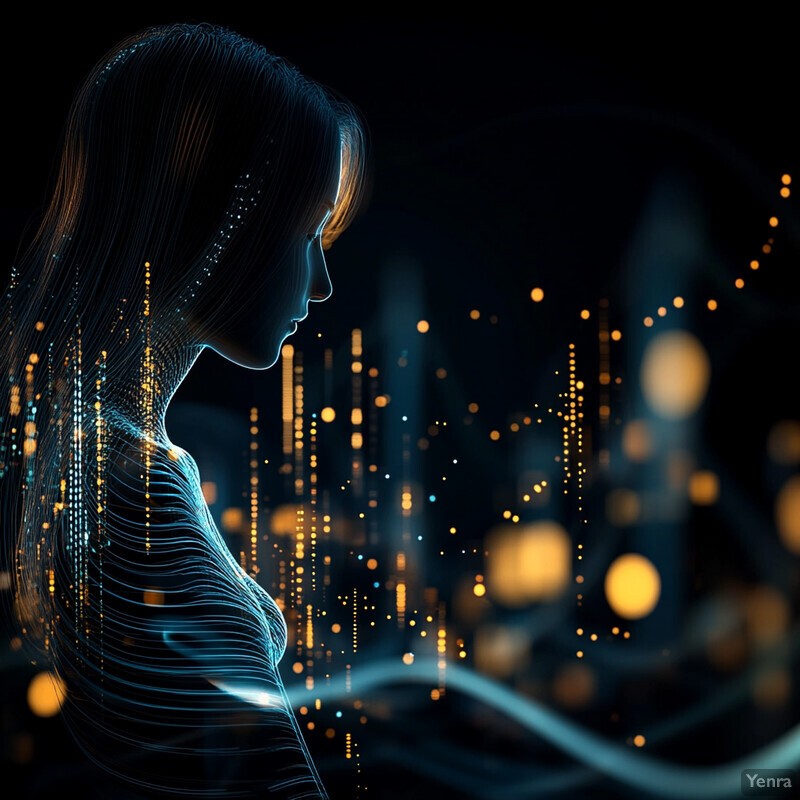 A futuristic depiction of a woman's profile set against a blurred cityscape at night.