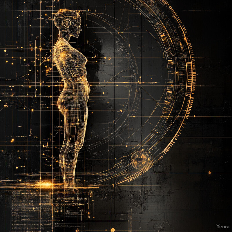 A futuristic representation of a woman's body, composed of intricate gold lines and featuring a circular shape behind her head.