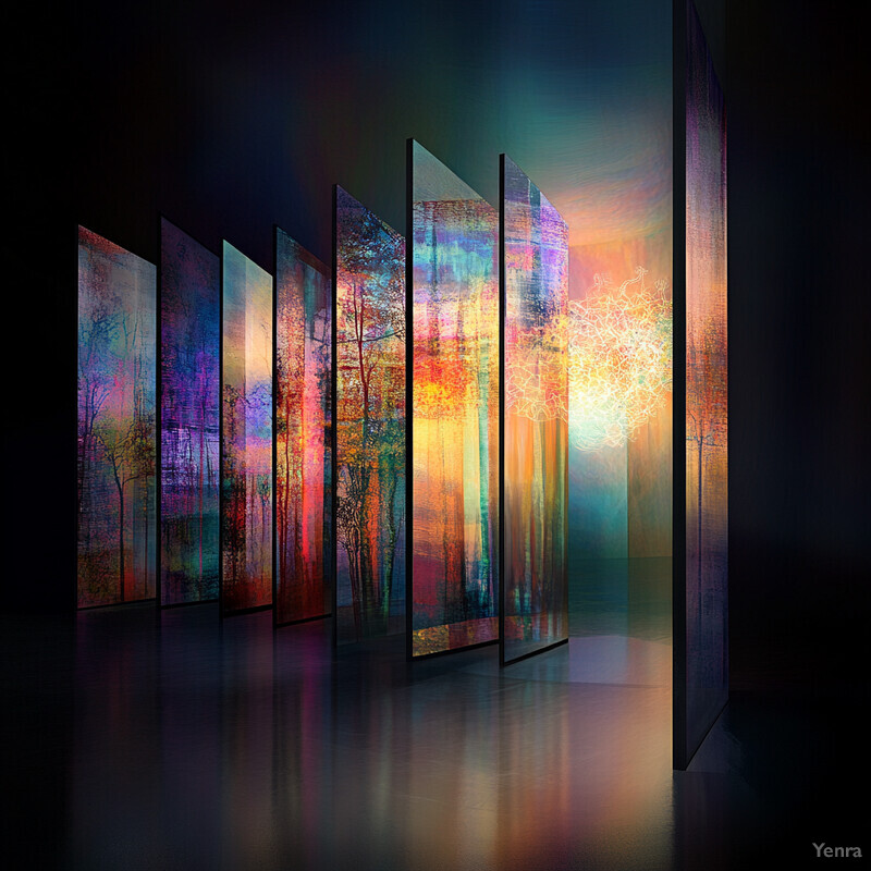 A room with tall, thin panels displaying vibrant images of trees and sunsets.