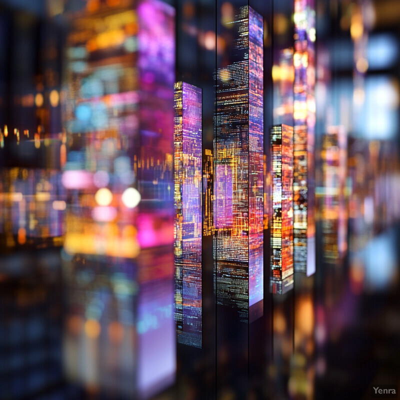 Pixelated cityscape on illuminated screens