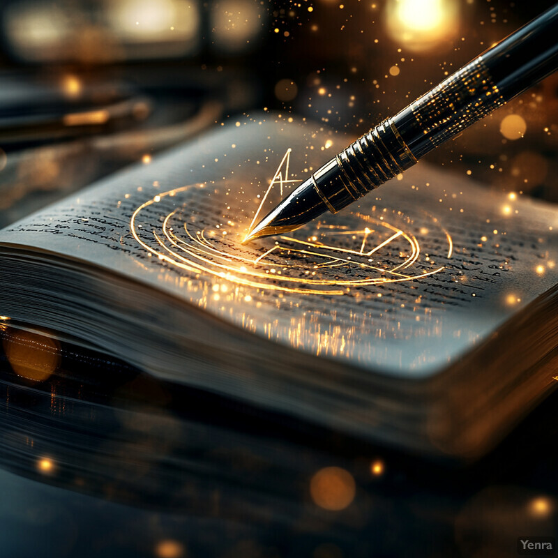 A fountain pen is poised above a richly detailed book on a desk in a dimly lit space.