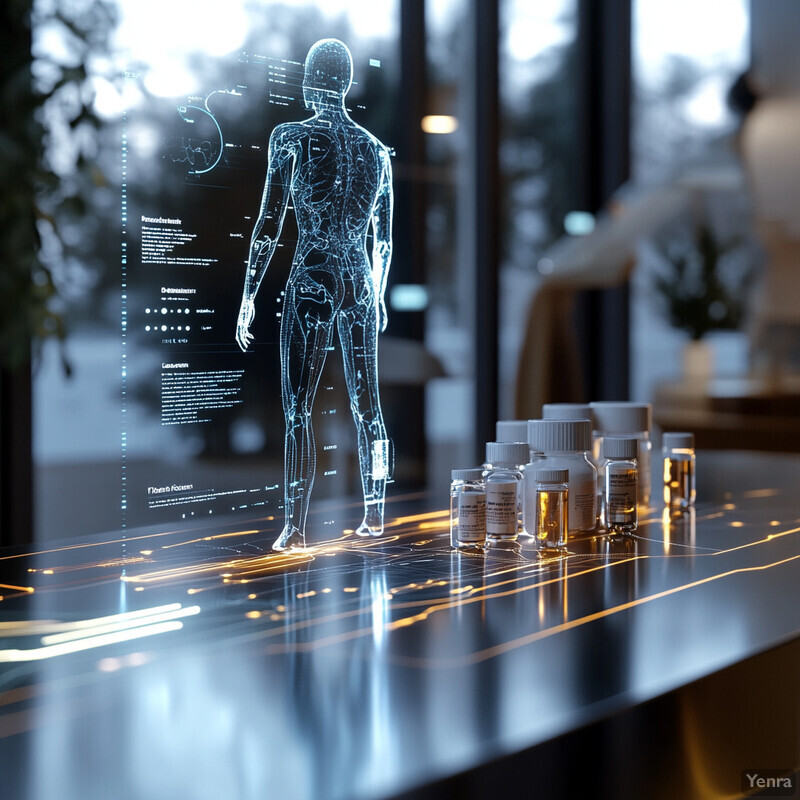 A futuristic laboratory setting where medical professionals are utilizing advanced technology to develop personalized treatment plans for patients.