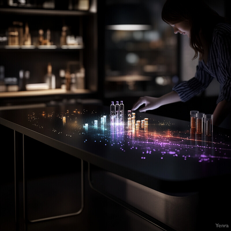 A woman examines an interactive display on the bar top displaying personalized treatment recommendations.