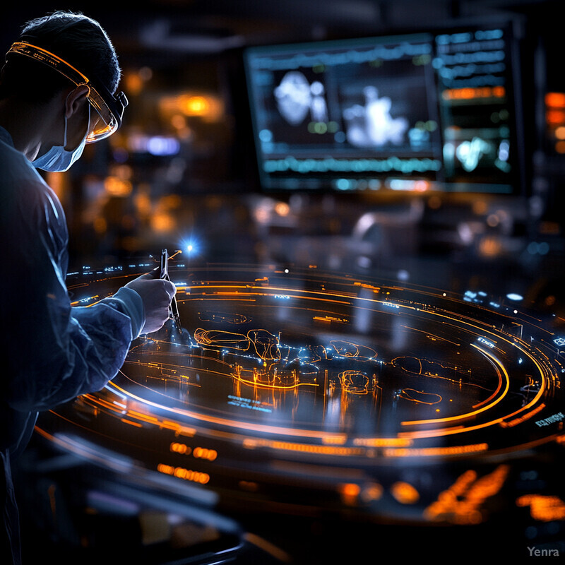 A surgeon utilizes advanced technology to predict surgical outcomes in an operating room.