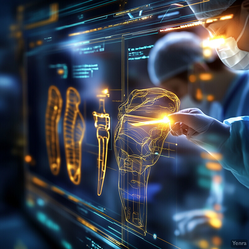 A medical professional examines an X-ray or CT scan of a human leg, possibly assessing bone damage or planning surgery.