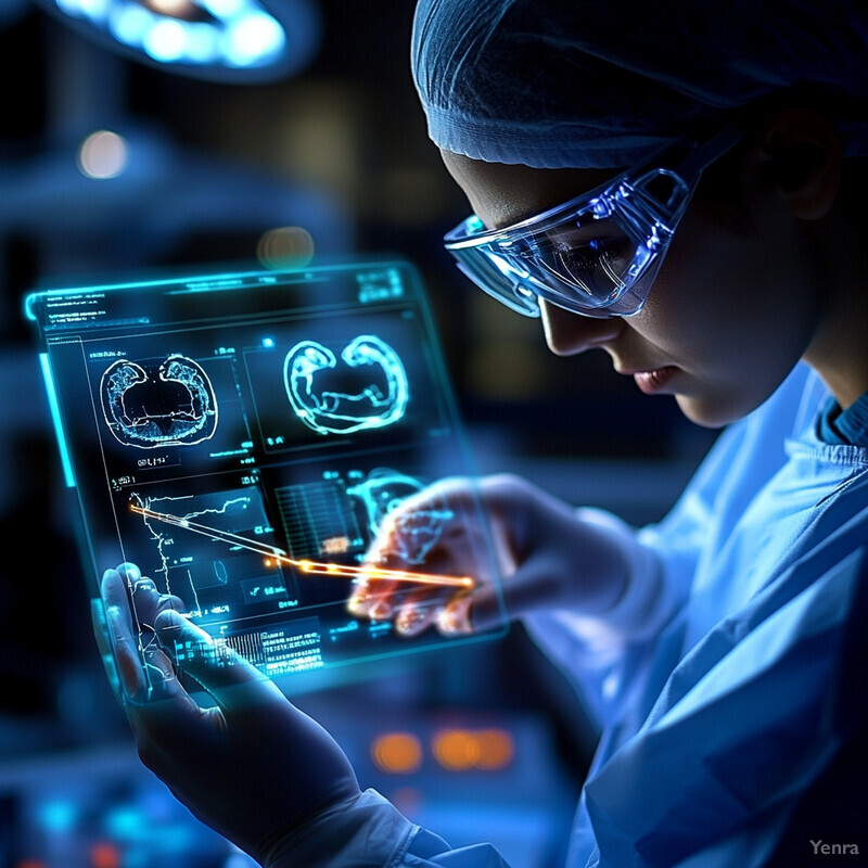 A medical professional in scrubs and goggles examines a tablet displaying a 3D model of a brain.