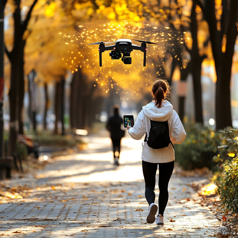 A woman walks down a tree-lined sidewalk in autumn, carrying a tablet and wearing a backpack.