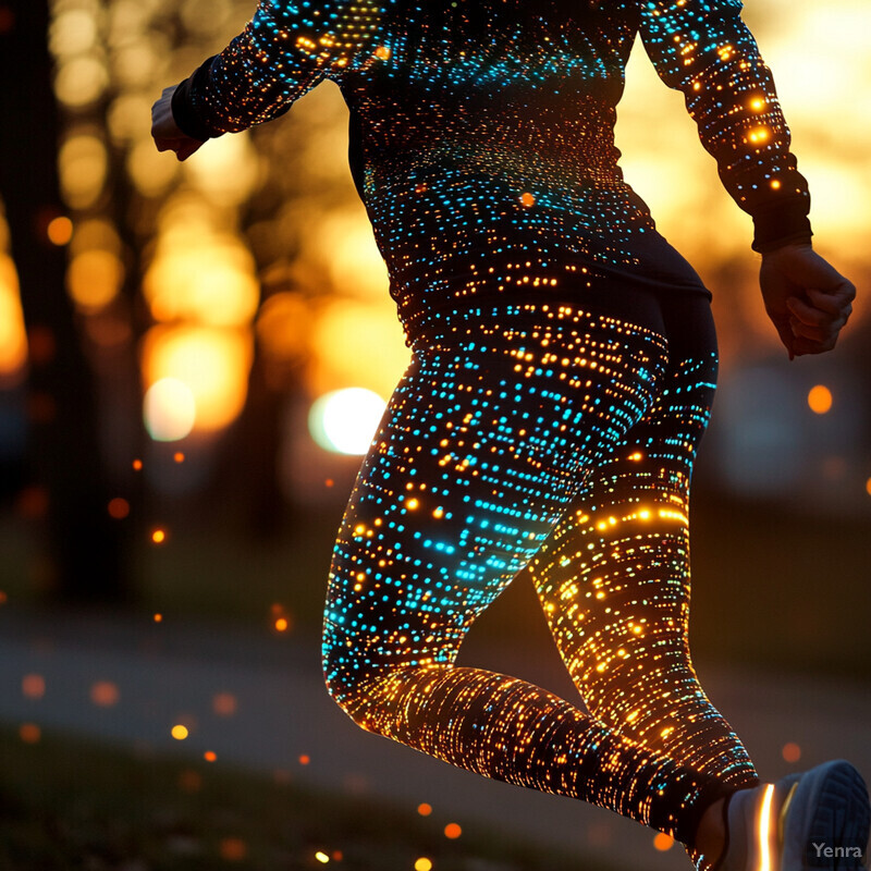 A person in motion, wearing an outfit that shimmers like fireflies or glowworms.