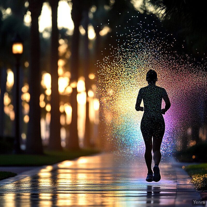 A woman running down an empty street at night with rainbow lights emanating from her body.