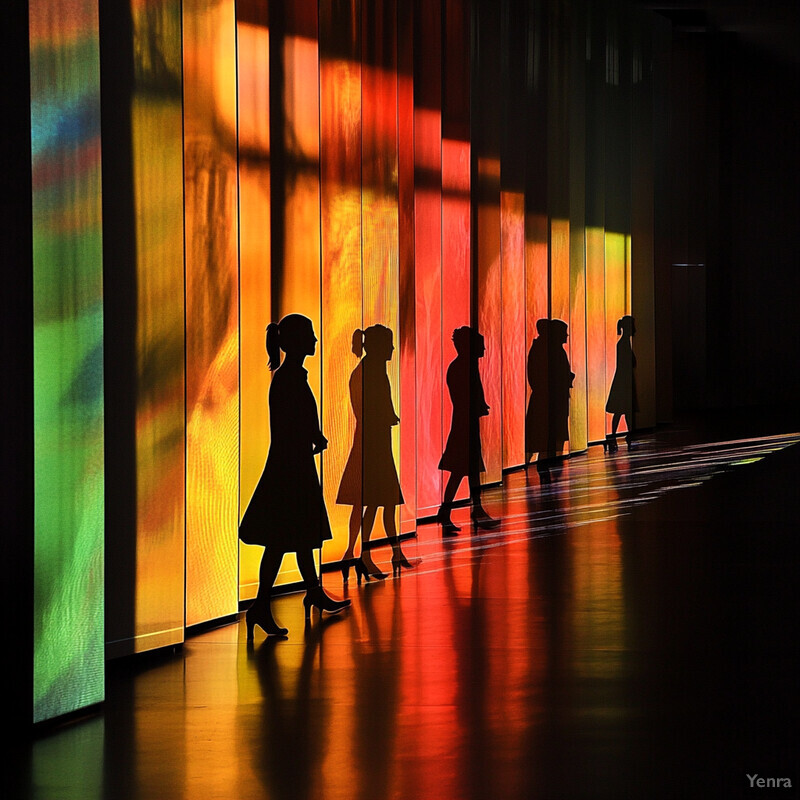 Group of people standing in front of a colorful wall with vertical panels.