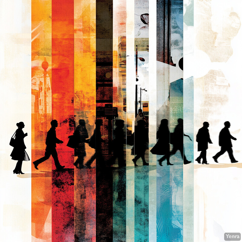 An abstract representation of people walking on a city street.