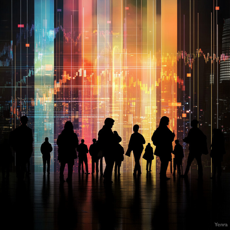 A group of people stand in front of a large screen displaying graphs and charts, set against the backdrop of a cityscape at night.