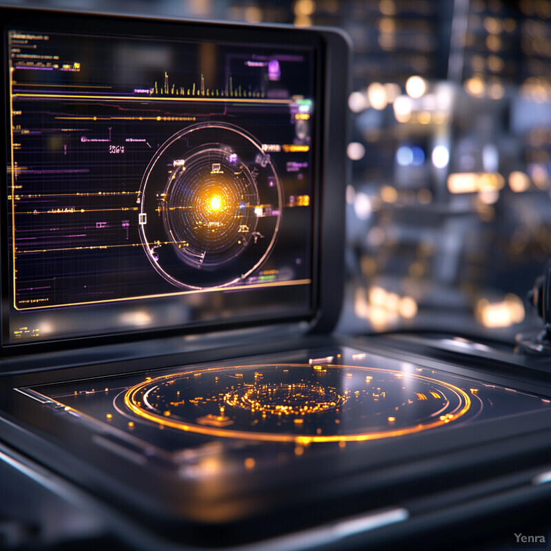 A futuristic control room with two computer screens displaying complex data and graphs, possibly related to scientific research or military operations.