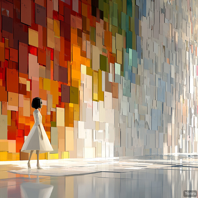 A woman stands in front of a colorful wall made of small squares.