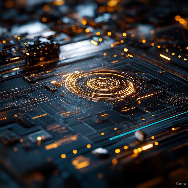 A close-up view of a circuit board with intricate details and glowing lights.