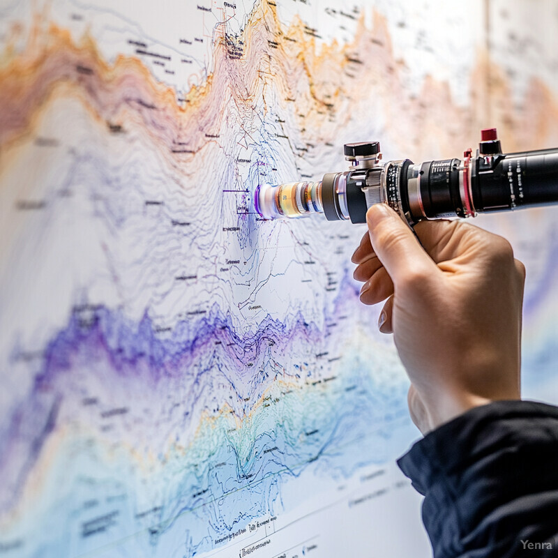 A person holds a camera lens in front of a large map or chart.