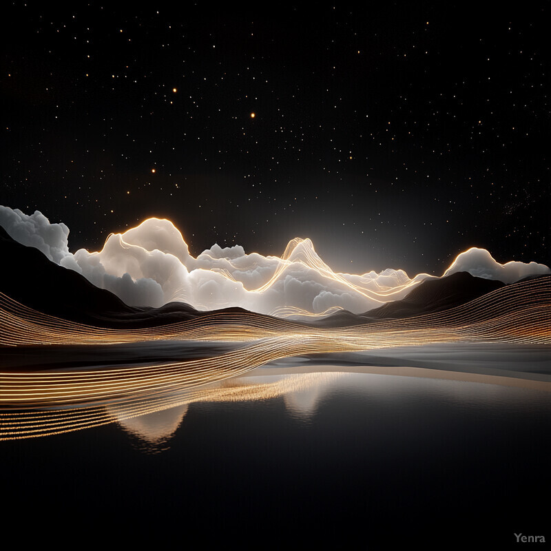 A serene landscape with a mountain range, clouds, and stars.