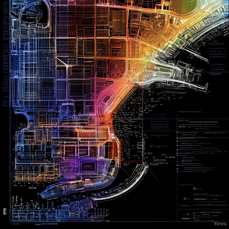 An abstract map or blueprint with a mix of black and white lines and accents of orange, yellow, pink, and purple.