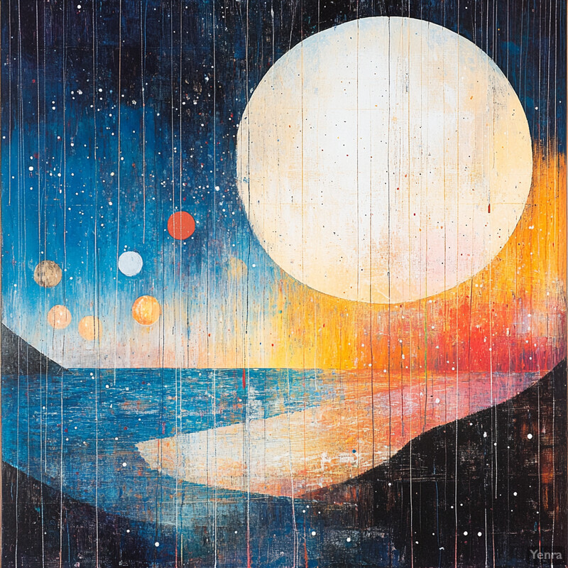 A painting of the moon and stars set against a blue sky.