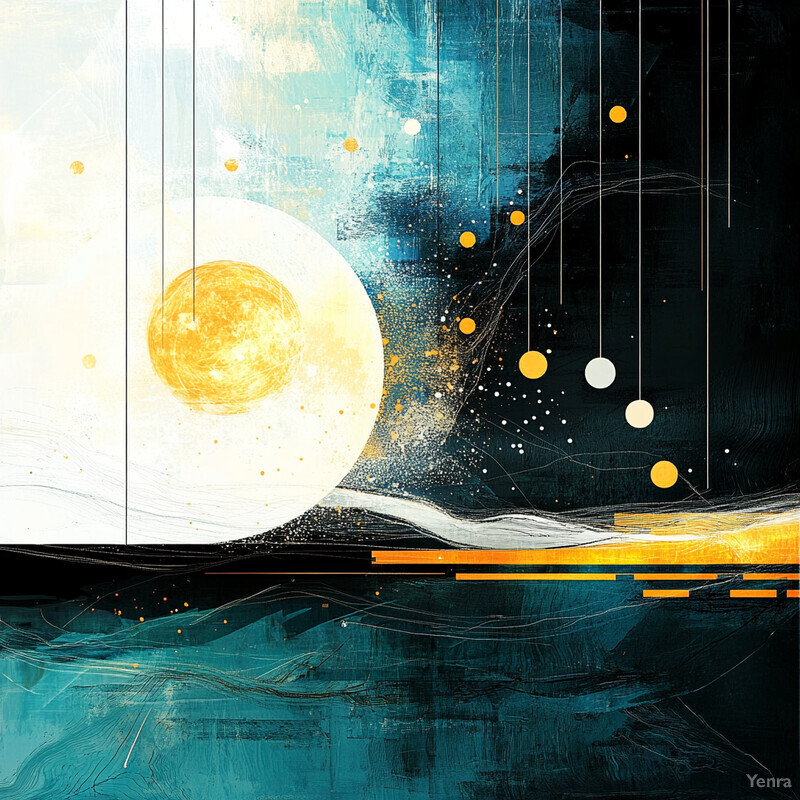 An abstract artwork featuring a large, abstract sun or moon shape on the left side of the canvas, with smaller circles and connected lines on the right-hand side.