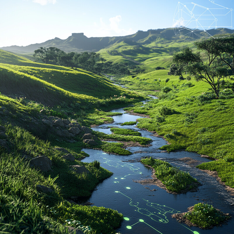 A serene and idyllic landscape with rolling hills, a meandering stream, and lush greenery.