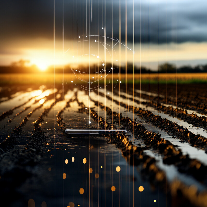 A smartphone lies on a muddy field under an overcast sky with rain pouring down.