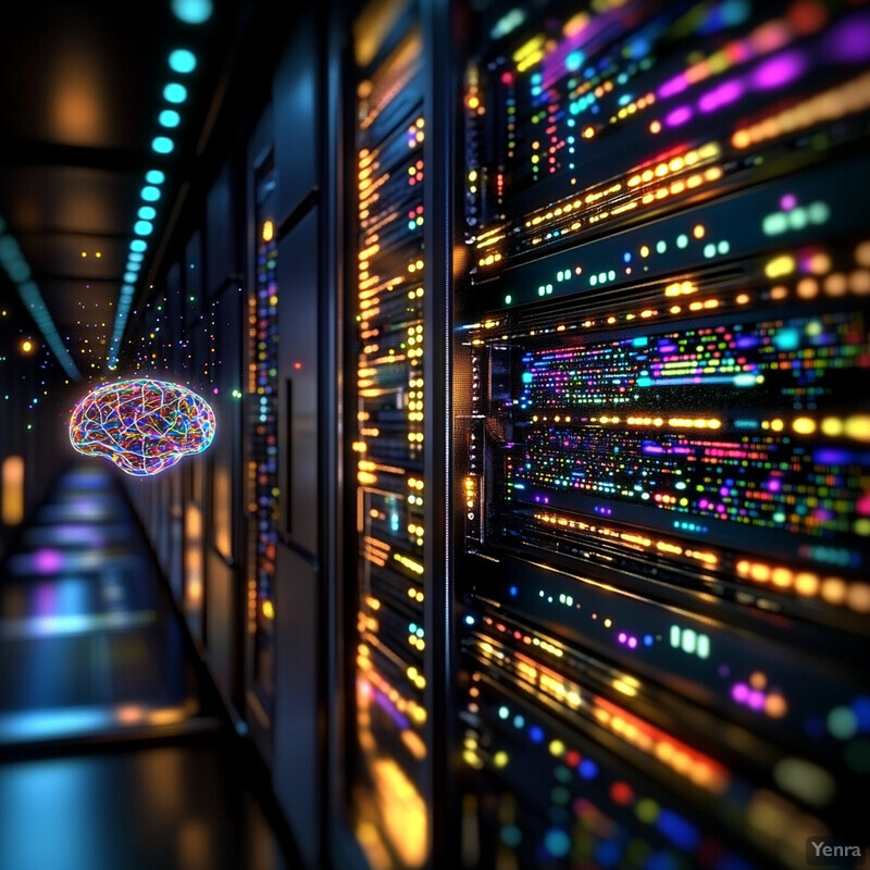 A futuristic high-tech room with rows of servers and computer equipment.