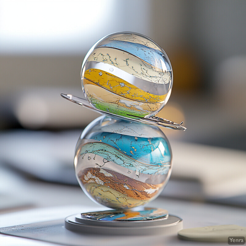 Two clear glass marbles stacked on top of each other with a blurred indoor background.