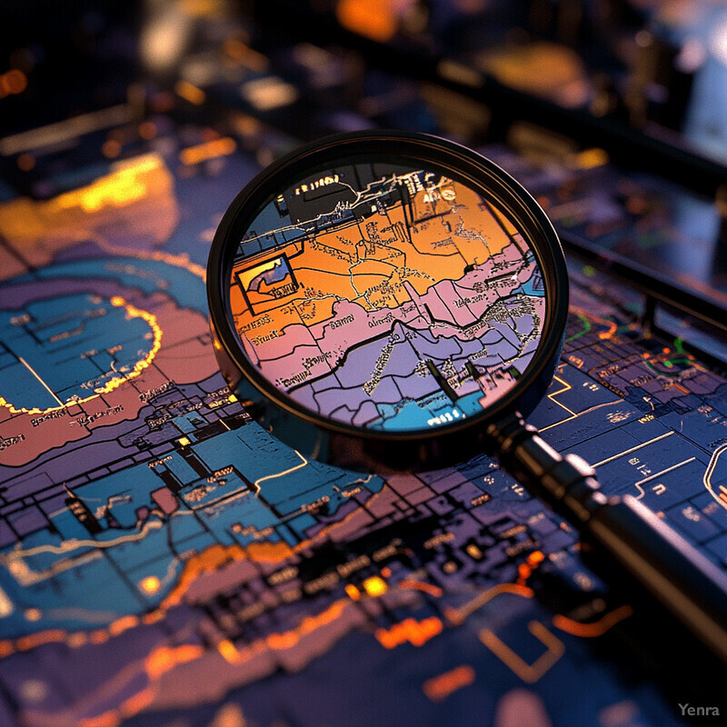 A magnifying glass is positioned over a map or blueprint, with its lens focused on a specific area.